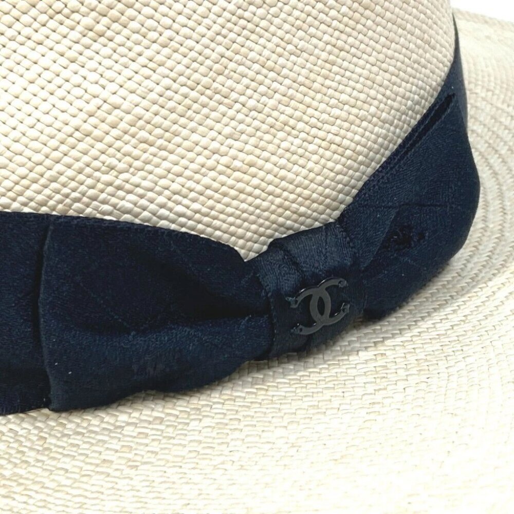 CHANEL CC CC Mark Grosgrain Ribbon 19V hat straw hat straw Beige/Black - Picture 7 of 9